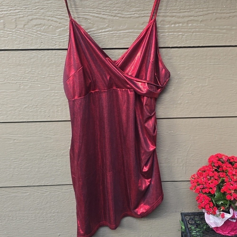 Shein Curve Spaghetti Strap MiniRed Sheer Dress Red Ruffle Side Slit 3X NWOT